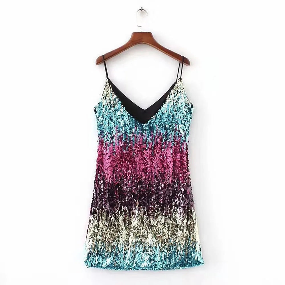 Women Summer Mini Bodycon Skirt Sequins Deep V-Neck Spaghetti Strap Sleeveless Backless Sling Dress Sexy Evening Party Dresses Women Summer Mini Bodycon Skirt Sequins Deep V-Neck Spaghetti Strap Sleeveless Backless Sling Dress Sexy Evening Party Dresses